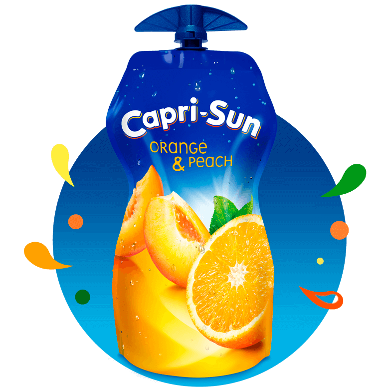 Capri Sun Orange Peach 330ml with background and splashes